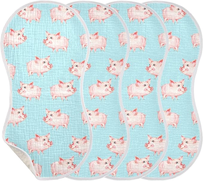 Muslin Burp Cloths for Baby Boys and Girls - 4-Pack Ultra Absorbent Cute Pig Muslin Washcloths, Newborn Towel, Milk Spit Up Rags, Burp Cloth Bib for Unisex, 22 x 11 Inch