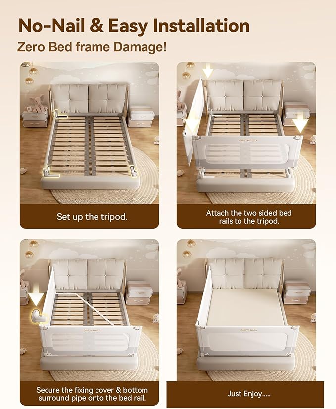 2 Piece Bed Rails for King Size Bed, No-Drill Needed Baby Bed Rail Guard for Toddlers with Height Adjustable, Thickened Child Safety Side Railing Guards/Bedrail for Kids, White/Grey, 74.8x78.7Inches