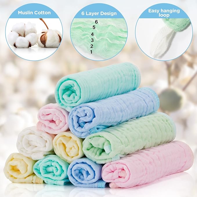 Tudomro 20 Pack Muslin Burp Cloths 20 x 10 Inch Absorbent Washcloths 6 Layers 5 Colors Baby Rags Towels Gentle Absorbent Soft Infant Essentials for Newborn and Toddlers Boys & Girls Milk Spit up Rags