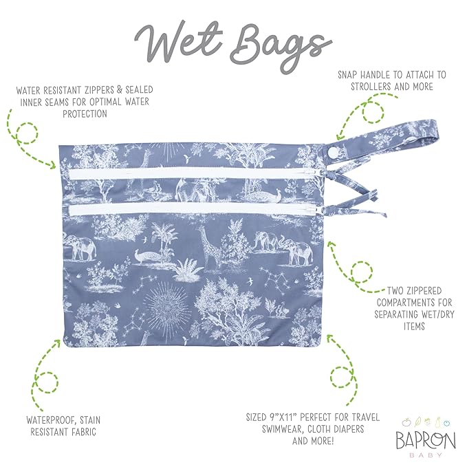 BapronBaby Savanna Blue Wet Dry Bag - Waterproof Two Zipper Pocket - Reusable for Mealtime, Diapers, Stroller, Snacks, Swimsuits - Machine Washable - 11" x 9"