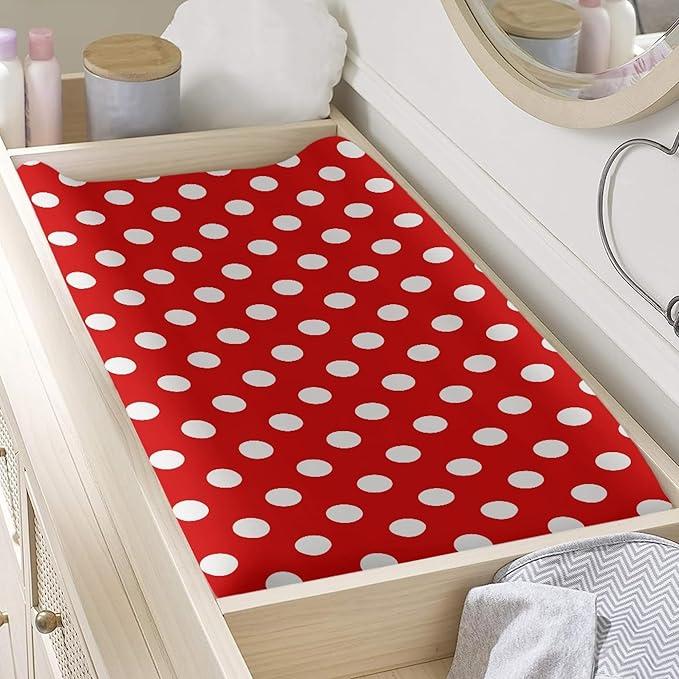 Red and White Dots Changing Pad Cover for Baby Girls Boys Cartoon Breathable Diaper Change Table Sheet Soft Stretchy Cute Change Table Mat Cover Fit 32x16