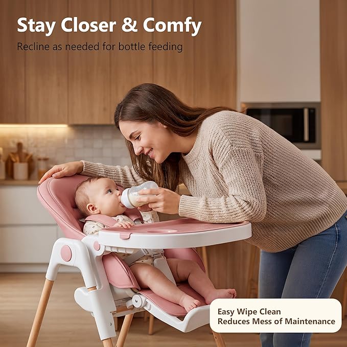 Kinder King Convertible High Chair for Babies & Toddlers, Adjustable Baby Feeding High Chair with Removable Double Tray, Simple Compact Fold for Space-Saving, 2 Built-in Wheels, Easy to Clean