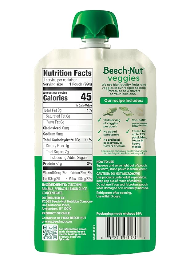 Beech-Nut Baby Food Pouches, Zucchini Spinach & Banana Veggie Puree Baby & Toddler Food, 3.5 oz (12 Pack)