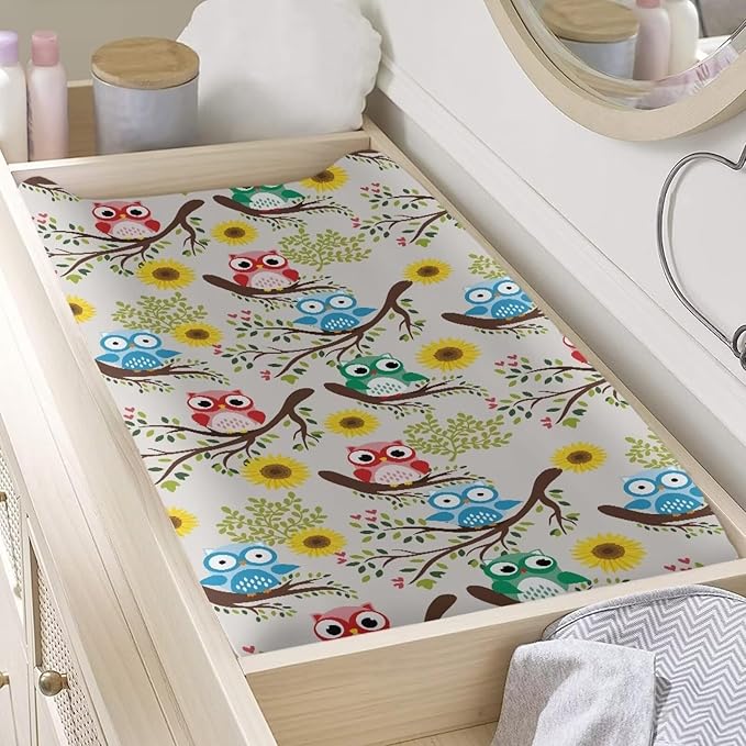 Owl Sunflower Baby Changing Pad Cover Infant Newborn Changing Table Cover Girls Boys Diaper Table Change Mat Sheet Cover Soft Breathable