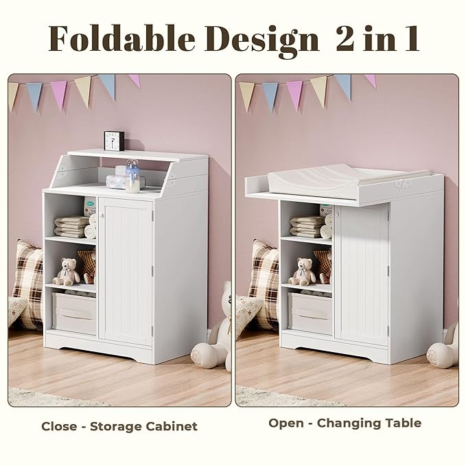 Gyfimoie Baby Changing Table with Foldable Tabletop, White Storage Cabinet with Shelf & Door Rack, Modern Diaper Changing Station with Storage, Perfect for Bedroom & Nursery (Pad Not Included)