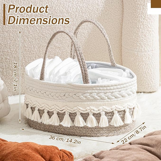 Macrame Diaper Caddy Organizer Cotton Rope Basket Boho Nursery Decor Cute Woven Tassel Portable Diaper Organizer for Changing Table Baby Shower Gifts for Newborn Essentials