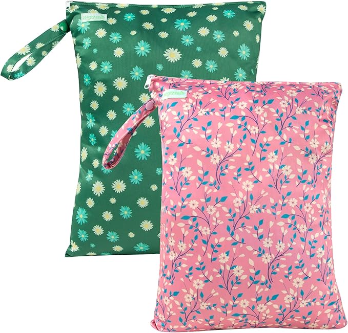 wegreeco Wet Dry Bag for Baby Swimsuit, Small Wet Dry Bag for Clothes Diaper and Breast Pump Parts, Large Baby bag for Travel,Gym Clothes,Beach,Pool,Extra Clothes (Chrysanthemum,2 Pack)