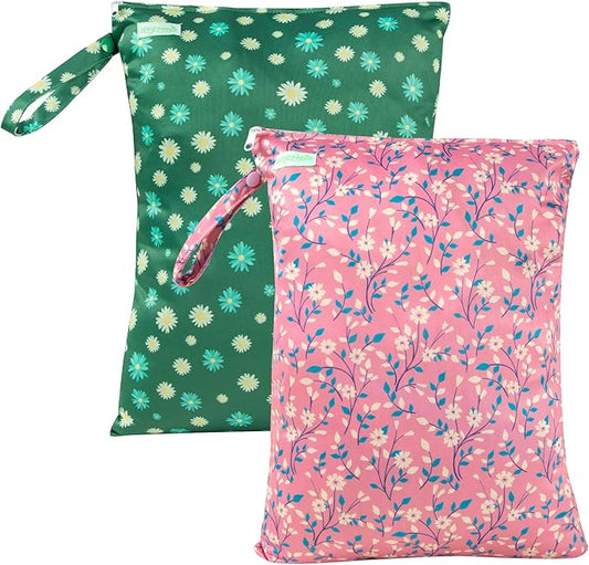 wegreeco Wet Dry Bag for Baby Swimsuit, Small Wet Dry Bag for Clothes Diaper and Breast Pump Parts, Large Baby bag for Travel,Gym Clothes,Beach,Pool,Extra Clothes (Chrysanthemum,2 Pack)
