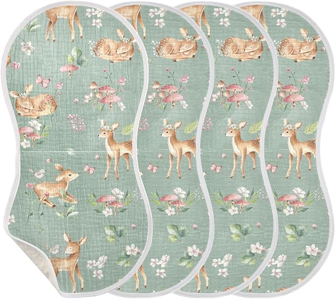 Deer Bird Mushroom Butterfly Flower Muslin Burp Cloths for Baby 4 Pack 100% Cotton Baby Washcloths Bibs for Boy Girl