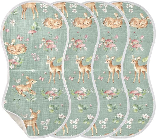 Deer Bird Mushroom Butterfly Flower Muslin Burp Cloths for Baby 4 Pack 100% Cotton Baby Washcloths Bibs for Boy Girl