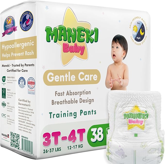 Maneki Baby Hypoallergenic Potty Training Pants 3T–4T, 38 Count (26–37 lbs), Pull-On Diaper Pants & Training Underwear, Soft, Unscented & High Absorbency for Overnight & Daily Use (Pack May Vary)