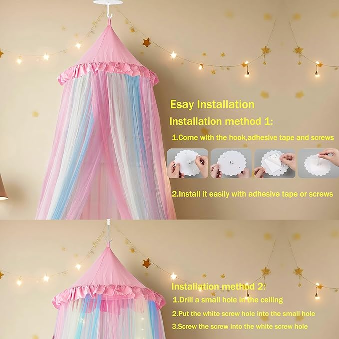 Pink Rainbow Bed Canopy Twin Size Breathable Canopy Bed Curtain for Bed,Princess Play Tent for Girls Bedroom Decoration Reading Nook