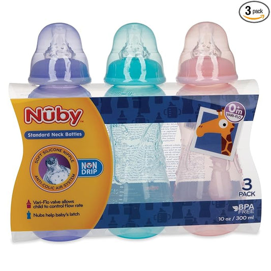 Nuby Non-Drip Standard Neck Bottles, 10 Ounce, Girls