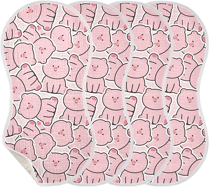 Muslin Burp Cloths for Baby Boys and Girls - 4-Pack Ultra Absorbent Cartoon Pig Muslin Washcloths, Newborn Towel, Milk Spit Up Rags, Burp Cloth Bib for Unisex, 22 x 11 Inch