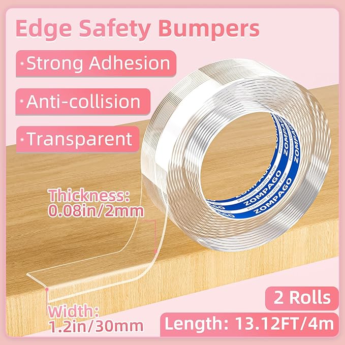 ZOMPAGO Clear Furniture Edge Protector Tape,2 Rolls, 1.18in x 13.4FT, 2mm Thick Soft Corner Bumper Strip, Self Adhesive Baby Proofing Safety Guard for Table Wall Cabinet Glass No Residue