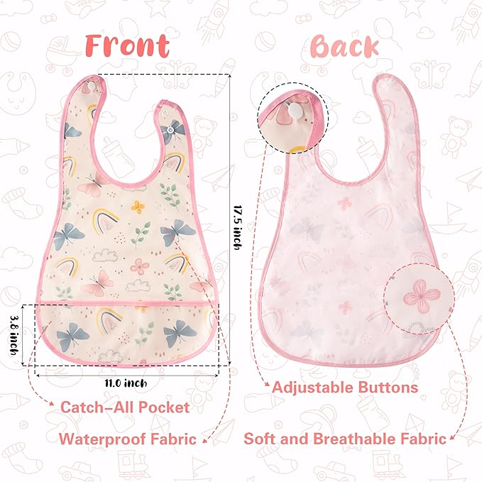 R HORSE 5Pcs Baby Bibs Set Toddler Bibs with Crumb Catcher Pocket & Snap Button Waterproof Baby Feeding Bibs for 6-24 Months