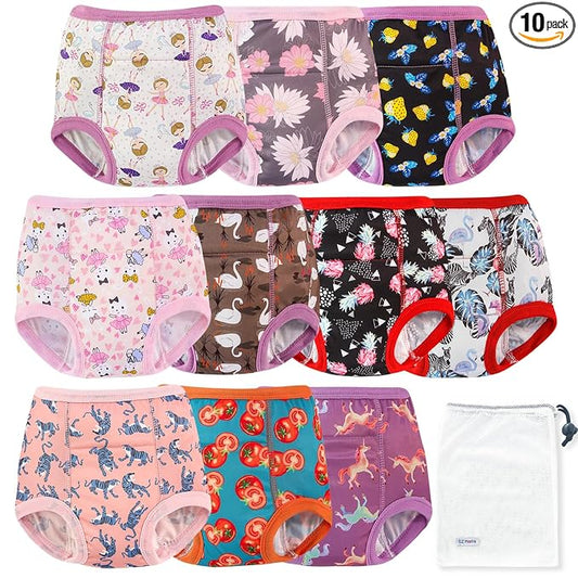 EZ Moms 10 Packs High Waist Potty Training Underwear for Girls Double Absorption Potty Training Pants 5T-6T Waterproof High Waist Toddler Underwear Girls 5T Kid Confident Pee Pants with a Laundry Bag