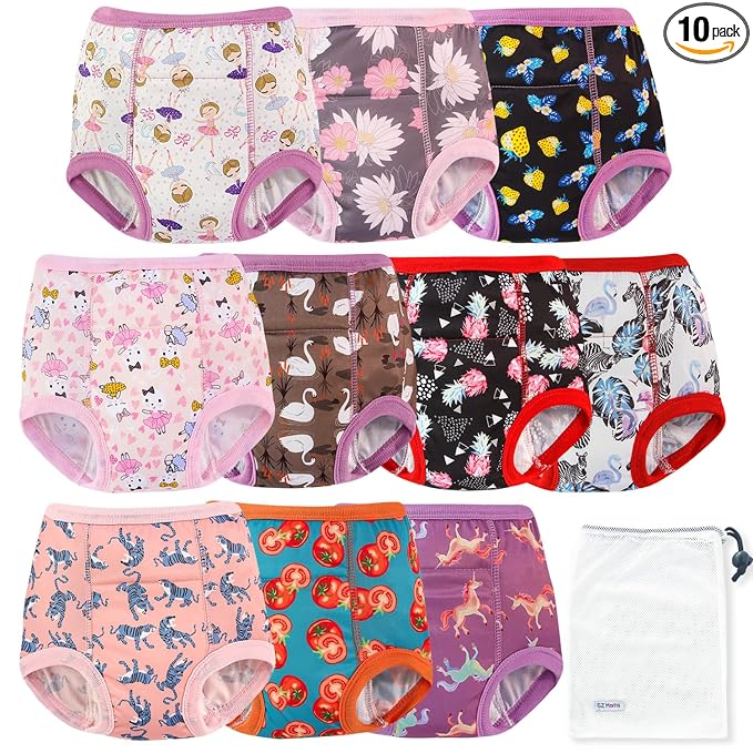 EZ Moms 10 Packs Reusable Potty Training Underwear for Girls Double Absorption Toddler Training Pants 3T-4T Waterproof High Waist Toddler Girl Underwear 3T Kid Confident Pee Pants with a Laundry Bag