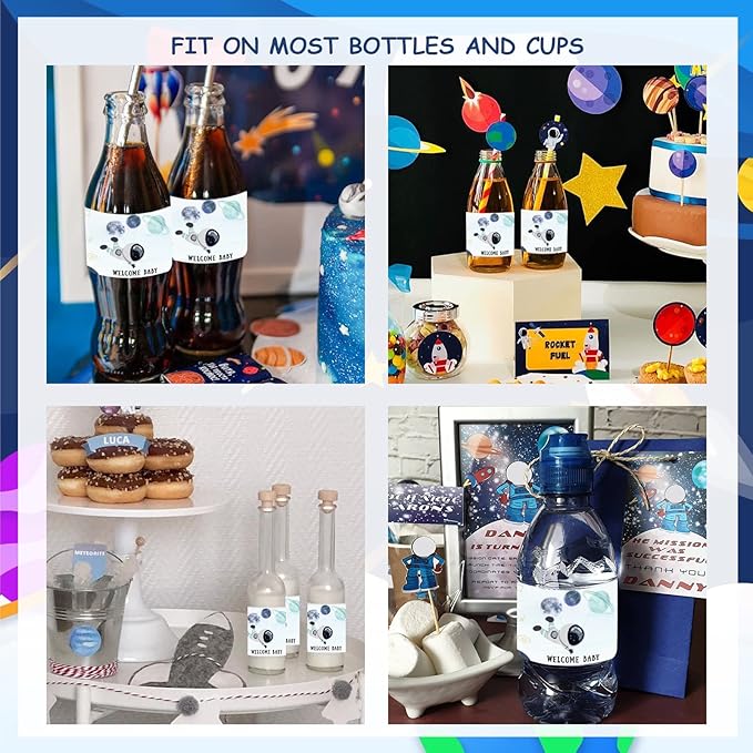 28Pcs Outer Space Baby Shower Water Bottle Labels, Solar System Welcome Baby Water Bottle Wrappers for Gender Reveal Decor - Personalized Astronaut Label Supplies