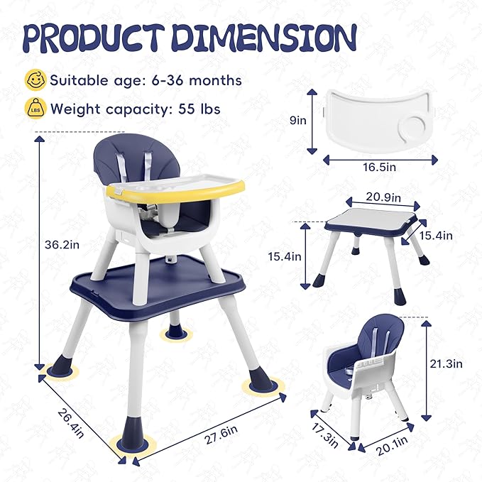 5 in 1 Baby High Chair, Toddler Chair with Removable Tray, Convertible High Chairs for Babies and Toddlers, Kids Learning Table, Building Block Table, Dining Booster Seat with Safety Harness, Blue