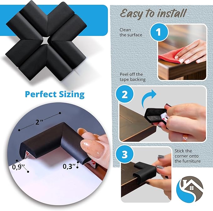 8-Pack Baby Proofing Corner Guards, Soft Rubber Corner Protectors for Furniture, 3M Adhesive Pre-Taped Corner Bumper Guards, Child Proof Safety for Fireplace, Table, Cabinet & Stairs, Black