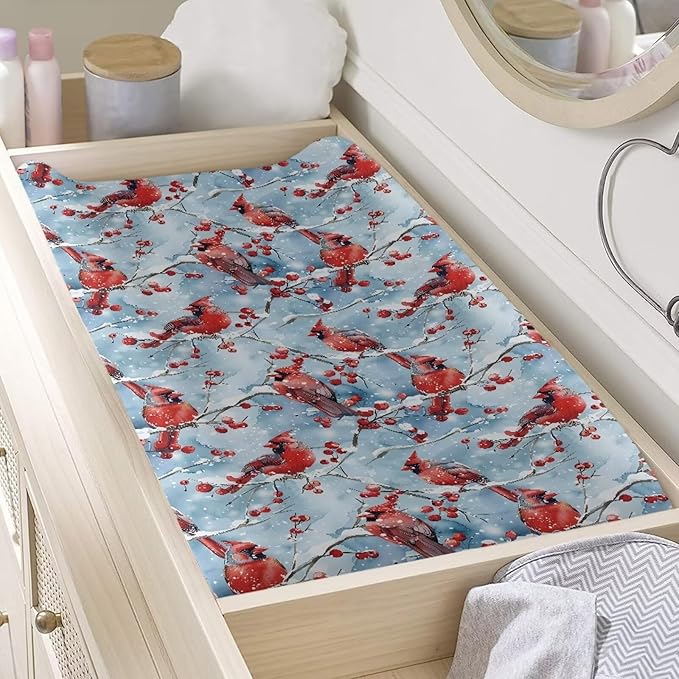 Christmas Changing Pad Cover for Baby Girls Boys, Bird Baby Nursery Diaper Changing Mat Sheets Fit for 32"x16" Changing Table Covers Blue Removable Soft Washable Xmas Decor