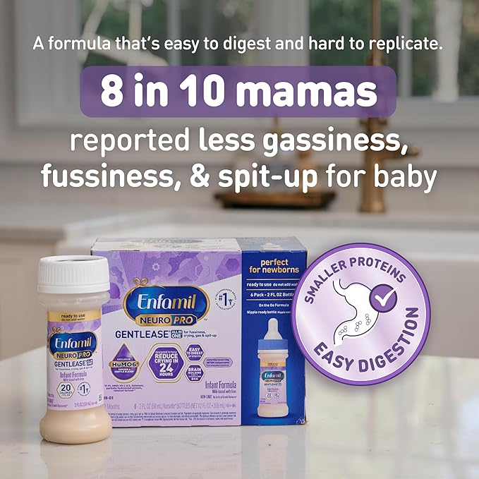 Enfamil NeuroPro Gentlease Ready-to-Feed with Smaller Proteins for Easy Digestion,Brain Supporting DHA, HuMO6* Blend, Baby Formula for easing Fussiness, Gas, Spit-up in 24hrs, 2 FL Oz, 6 count