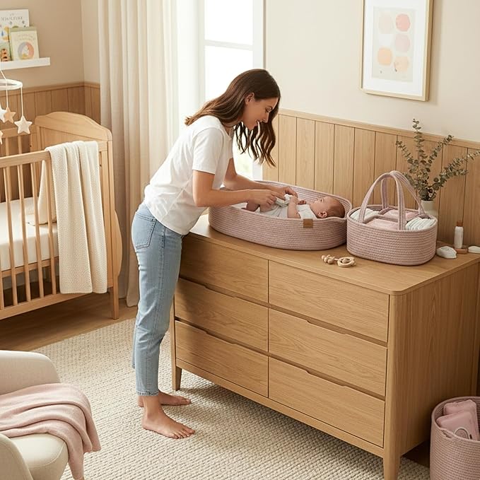 PeraBella XL Baby Changing Basket for Dresser Top, Moses Baskets for Newborn, Portable Baby Diaper Changing Pad Table Topper for Dresser, Moses Bassinet Mat with Waterproof Pad Cover and Diaper Caddy