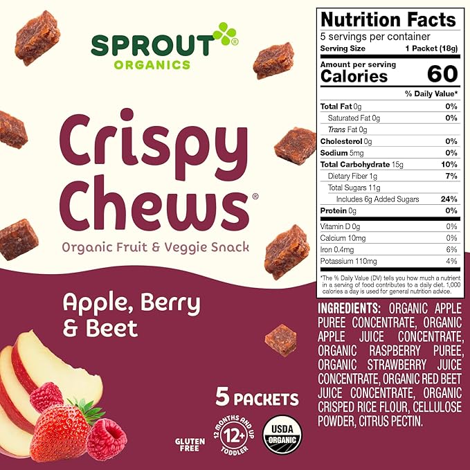 Sprout Organic Baby Food, Stage 4 Toddler Fruit Snacks, Red Fruit Beet & Berry Crispy Chews, 0.63 Oz Single Serve Packs (5 Count)