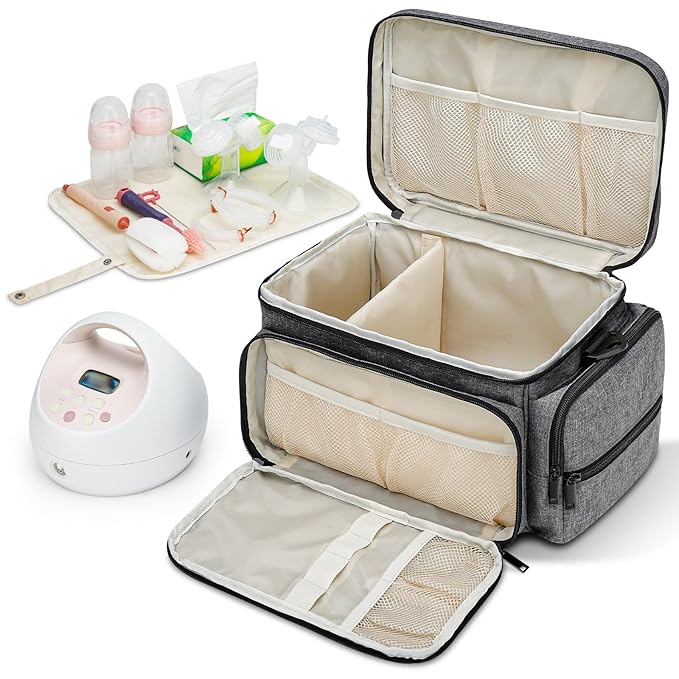 Breast Pump Bag Fit for Spectra S1 and S2, Pumping Bag with Waterproof Mat for Pump Accessories, Portable Pump Carrying Case for Work, Travel and Family Use, Grey