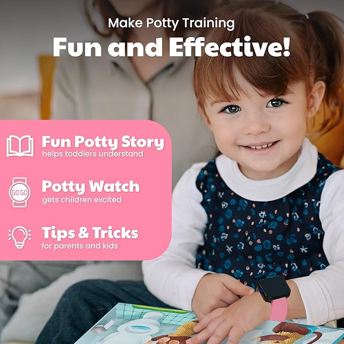 Potty Training Watch & Board Book for Kids – A Water Resistant Potty Reminder Device for Boys & Girls - Train Your Toddler with Fun Musical or Vibration Reminders and Printed Board Book (Pink)