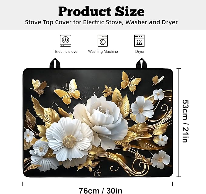 Multi-Design Stove Top Cover for Glass/Electric Stoves - 3-in-1 Heat-Resistant Protector Mat, Non-Slip Drying Rack 30" L x 21" W (Butterfly-Flower)