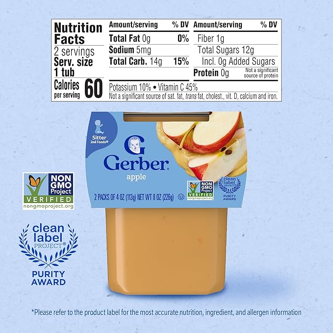 Gerber Stage 2 Baby Food, Apple Puree Tubs, No Artificial Colors or Flavors, Baby Puree, 16-Pack