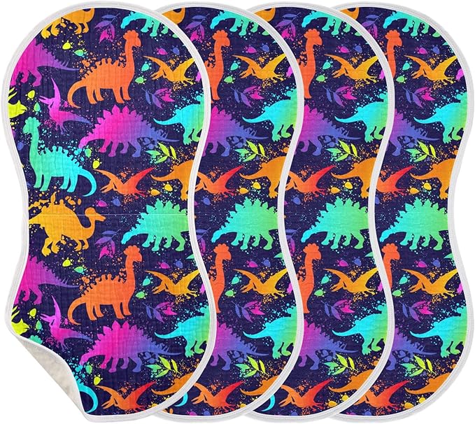 Muslin Burp Cloths for Baby Boys and Girls - 4-Pack Ultra Absorbent Bright Neon Dinosaurs Muslin Washcloths, Newborn Towel, Milk Spit Up Rags, Burp Cloth Bib for Unisex, 22 x 11 Inch