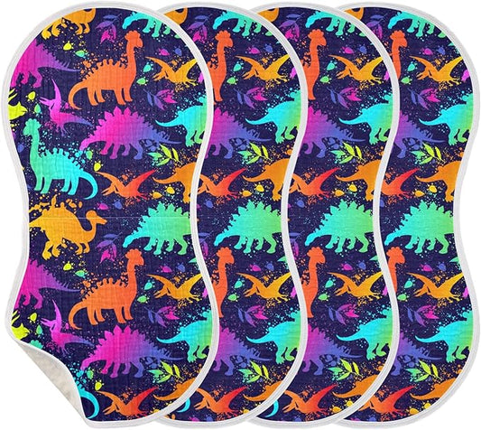 Muslin Burp Cloths for Baby Boys and Girls - 4-Pack Ultra Absorbent Bright Neon Dinosaurs Muslin Washcloths, Newborn Towel, Milk Spit Up Rags, Burp Cloth Bib for Unisex, 22 x 11 Inch