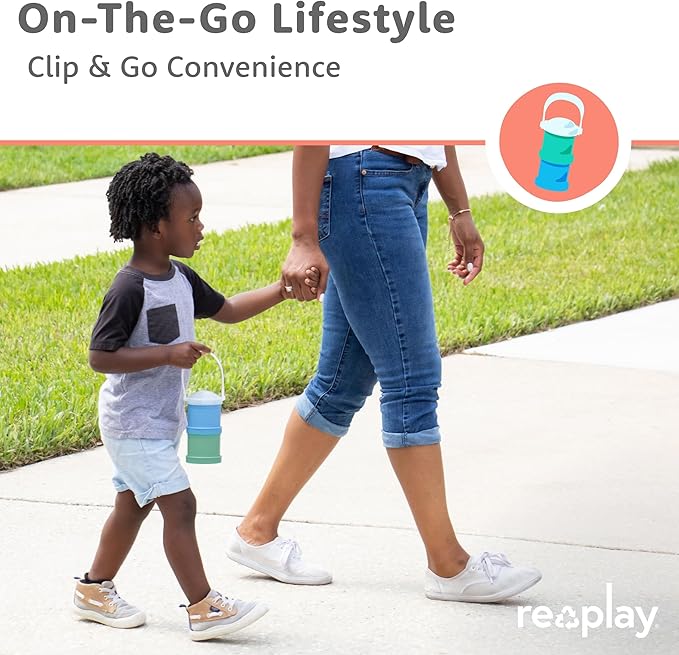 Re-Play Snack Stack Toddler Containers, 2 Sets - Stackable Cups with Travel Lid & Strap for On-the-Go, BPA-Free, Made in USA, Aqua/Sky
