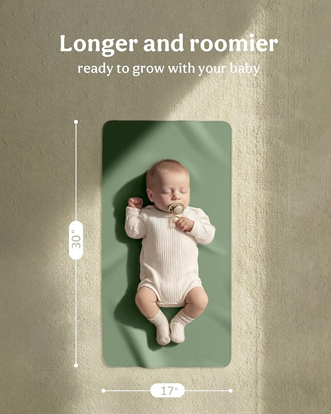 2 Pack Vegan Leather Baby Changing Mat, Large 30" x 17" Waterproof Foldable Diaper Mat, Wipe-Clean Portable Changing Pad for Travel, Home & Diaper Bag, Baby Shower Gifts(MossGreen&DarkOliveGreen)
