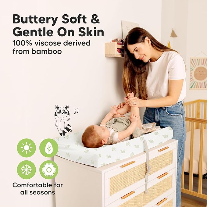 2-Pack Baby Changing Pad Cover for Girl, Boy - 34x18 Soft Viscose Derived from Bamboo Baby Diaper Changing Table Pad Cover Sheets, Neutral, Snug Fit Nursery Diaper Change Sheets (Elly)
