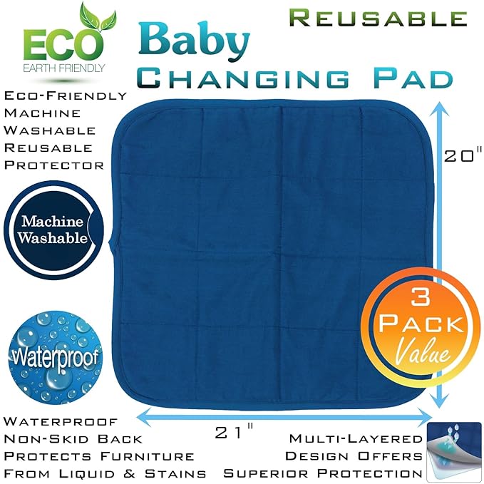 Comfort Finds Baby Changing Pad – Absorbent Reusable Diaper Changing Mat - Portable Waterproof Toddler Changing Liner (Navy, 3 Pack) …