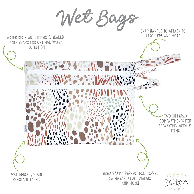 BapronBaby Wild Wet Dry Bag - Waterproof Two Zipper Pockets - Reusable for Mealtime, Diapers, Stroller, Snacks, Swimsuits - Machine Washable - 11" x 9"