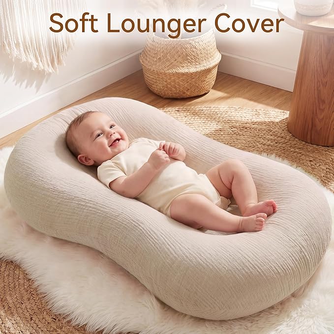 Muslin Baby Lounger Cover 1 Pack, Cotton Soft Breathable Infant Nest Slipcover, Envelope Closure, Compatible with Snuggle Me Loungers, Machine Washable, Cover Only, for Boys Girls(Beige)