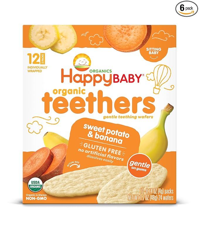 Happy Baby Organics Baby Snacks, Gentle Teething Wafers, Gluten Free & Vegan, Sweet Potato & Banana, 12 Count (Pack of 6)