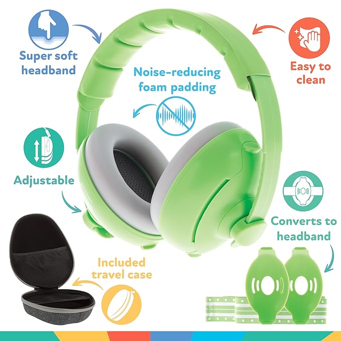 Nuby Soft Sounds 2-in-1 Noise-Canceling Baby Earmuffs with Travel Case - Adjustable Noise Protection for Infants and Toddlers - Green