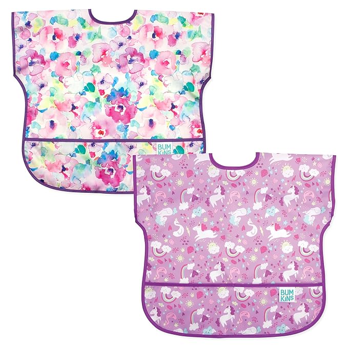Bumkins - Junior Bib - For Boys & Girls, Toddlers & Kids 1-3 Years - Lightweight, Durable, Waterproof - Short Sleeve Bib - Catch-All Pocket - Wipeable & Machine Washable - Unicorns, 2-pack