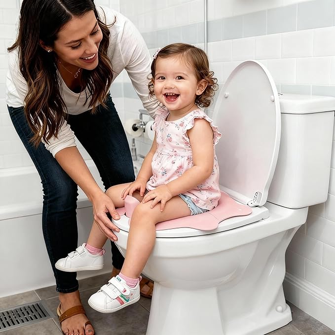 Foldable Travel Potty Seat for Toddler, Portable Toilet Training Seat for Kids on The Go, Fits Round & Oval Toilets with Non-Slip Base & Travel Bag for Car Airplane Essentials, Pink