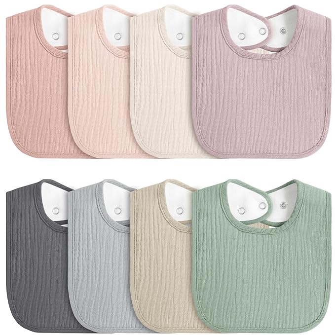 MairMore 8-Pack Baby Muslin Bibs, Soft Cotton Drool Bibs for Boys Girls, Adjustable and Absorbent Newborn Bib Set for Feeding and Drooling