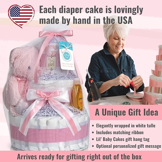 Lil' Baby Cakes Baby Girl Diaper Cake with Pink Plush Teddy Bear for Baby Showers or Newborn Gift - Pink and White Colors - Handmade Gift Using 42 Swaddler 1 Diapers - Size 10 in x 12 in
