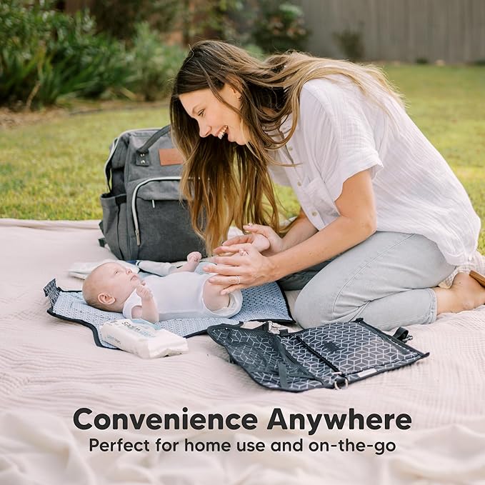KeaBabies Portable Diaper Changing Pad, Travel, Car - Large Waterproof Baby Changing Mat, Wipeable, Padded, On The Go Travel Diaper Clutch Bag, Easy to Use Pockets for Newborn Essentials (Black Geo)