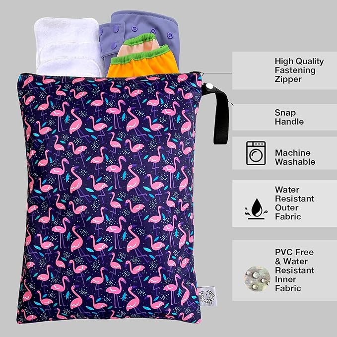 FLOCK THREE Washable and Reusable Wet Bag Diaper Bag Water Resistant Swimming Bag Travel Toiletries Pouch Flamingos Birds Zippered 12.6'' x 16.5''