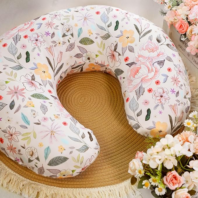 Baby Nursing Pillow Cover, Removeable Breastfeeding Pillow Slipcover, Nursing Pillow Case for Newborn Boys Girls, Soft Fabric Fits Snug On Infant, Washable & Breathable, Yellow Pink Flowers